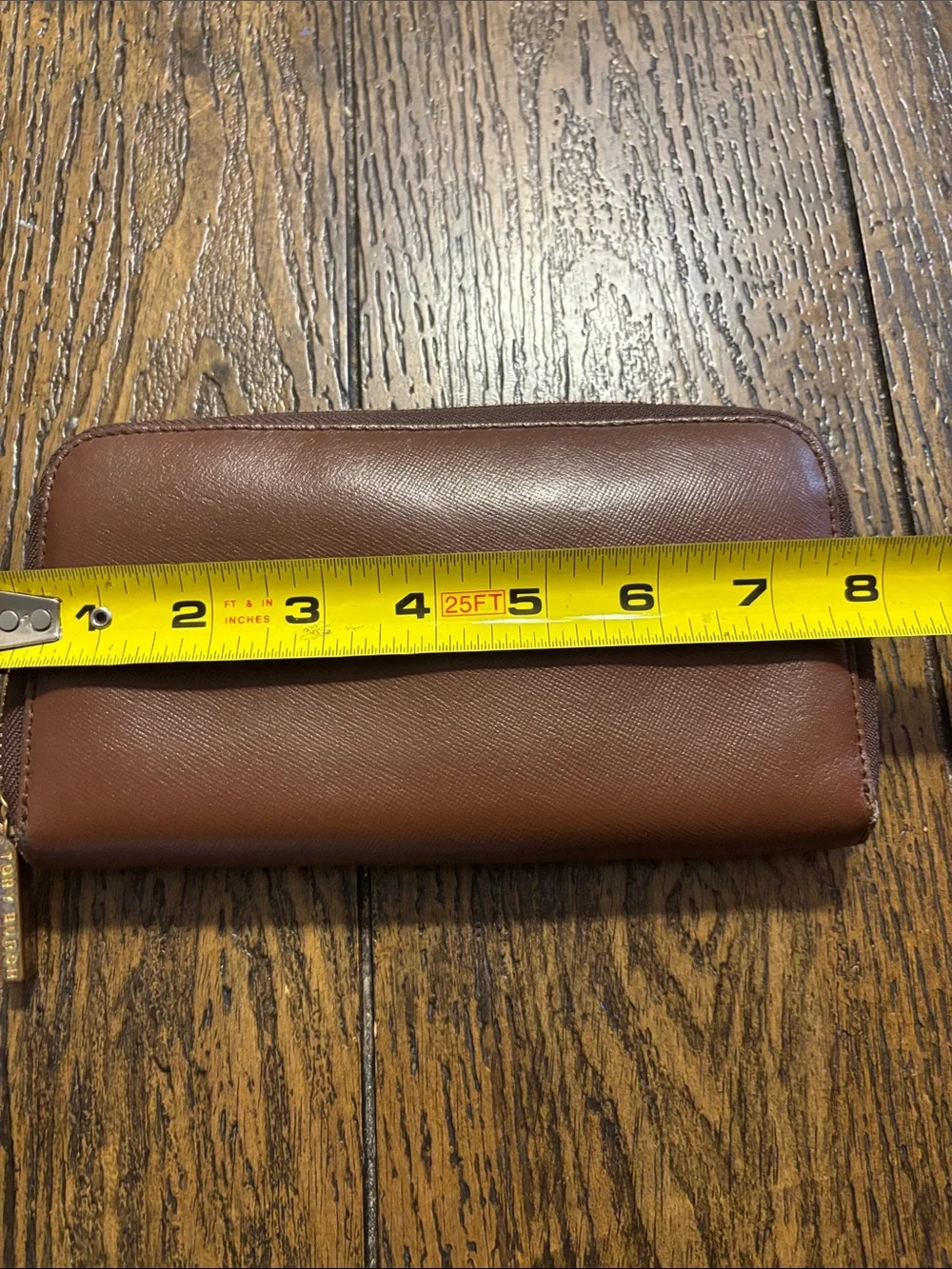 Tory Burch Brown Leather Zip Card Holder with Gold Logo